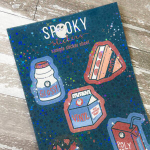 sticker sheet printed on sparkle holo laminate sticker paper with square corners